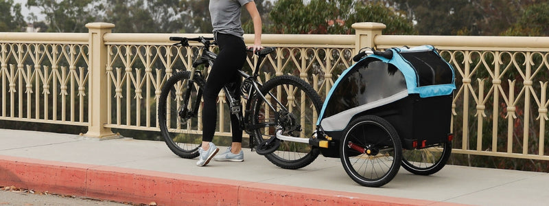 Kuvassa pyöräilijä on pysähtynyt sillalla, pyörässä on kiinni lastenkuljetusperäkärry